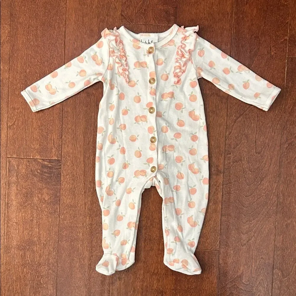 Nicole Miller Peach Print Kids Footie with Buttons and Ruffles, Size 3-6 Months